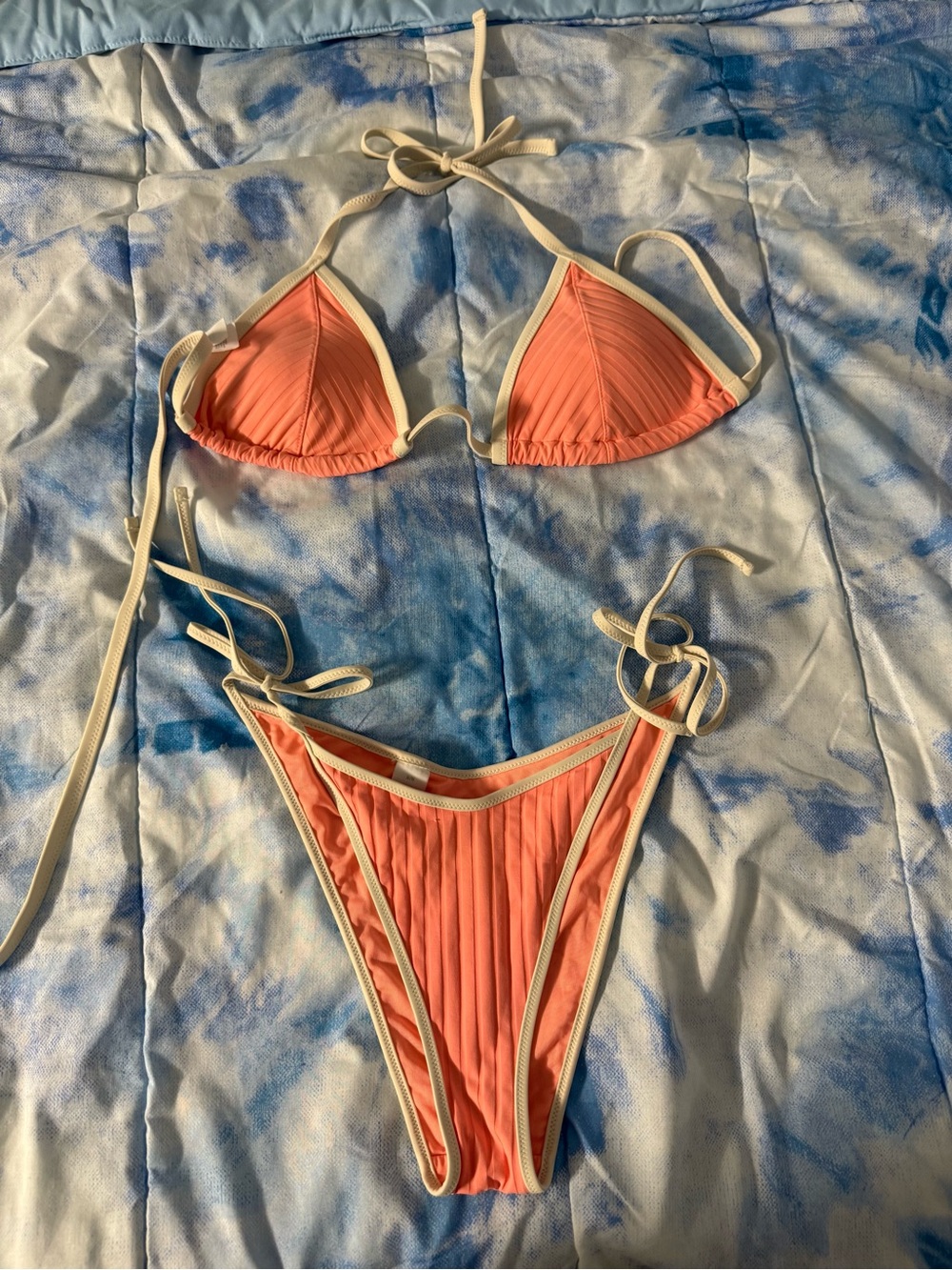 aerie Coral Ribbed Tie-Side Bikini with Cream Trim
